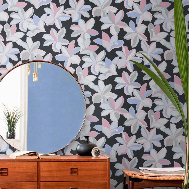 Tapeta kwiatowy wzór czarnym,srebrnym,różowym,niebieskimIbiałym - 53 cm x 10.05 m - LIVINGWALLS