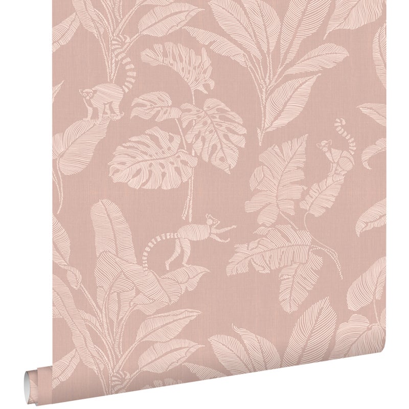 Tapeta małpy i liście dżungli starego różu - 50 x 900 cm - ESTAHOME