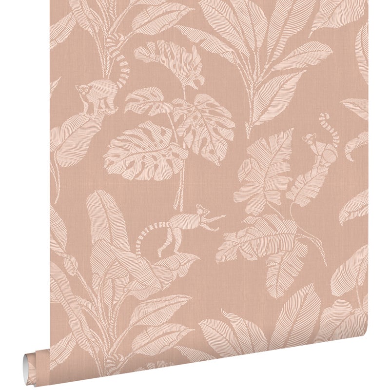 Tapeta małpy i liście dżungli terakoty różowej - 50 x 900 cm - ESTAHOME