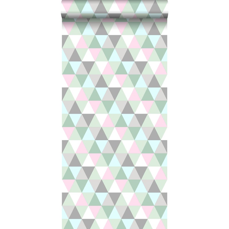 Tapeta trójkąty graficzne zielonym,szarymIróżowym - 53 cm x 10.05 m - WALLS4YOU