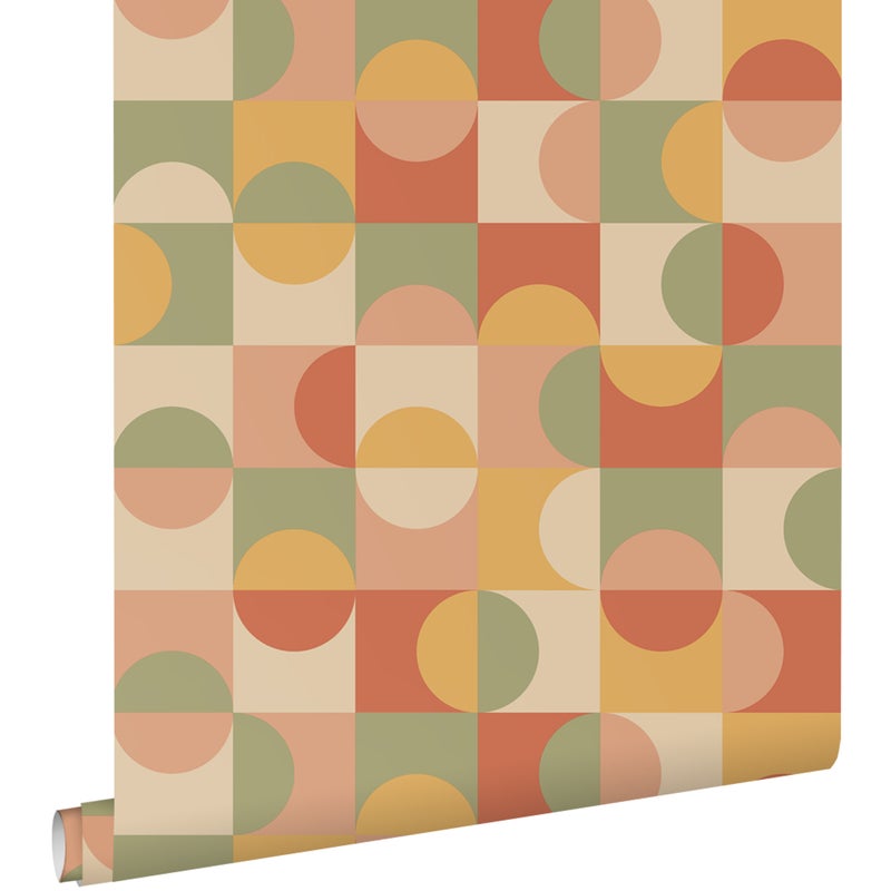 Tapeta koła w stylu Bauhaus terakota,żółtym,zielonymIbeżowym - 50 x 900 cm - ESTAHOME
