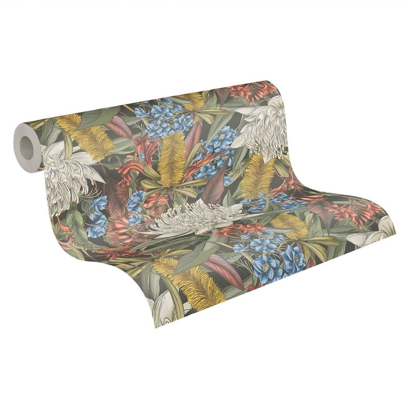 Tapeta kwiaty w wielu kolorach,czarnym,zielonym,niebieskimIczerwonym - 53 cm x 10.05 m - LIVINGWALLS