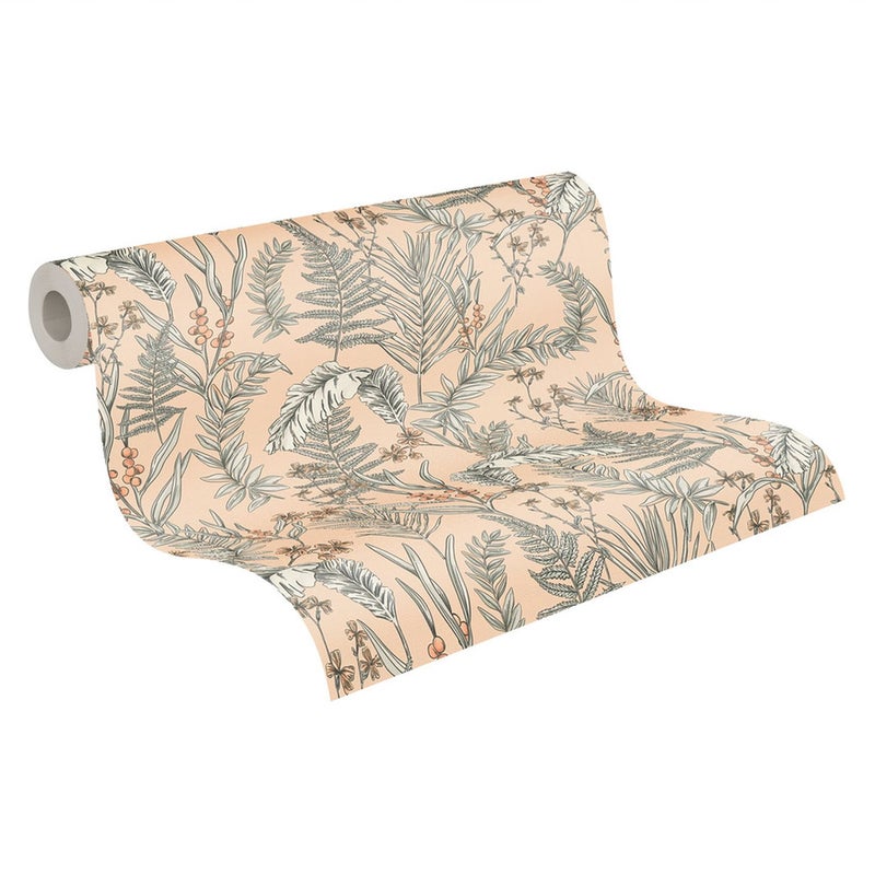 Tapeta tropikalne liście różowym,beżowym,białym,czarnymIpomarańczowym - 53 cm x 10.05 m - LIVINGWALLS