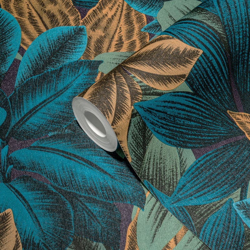 Tapeta motyw dżungli niebieskim,pomarańczowym,liliowo fioletowymIzielonym - 53 cm x 10.05 m - LIVINGWALLS