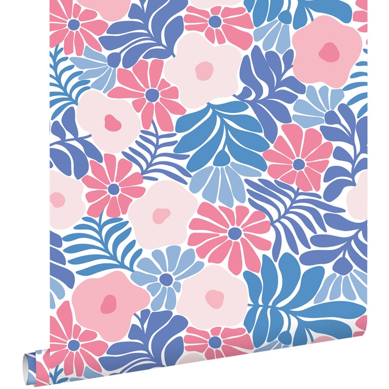 Tapeta kwiaty w stylu Matissa niebieskimIróżowym - 50 x 900 cm - ESTAHOME