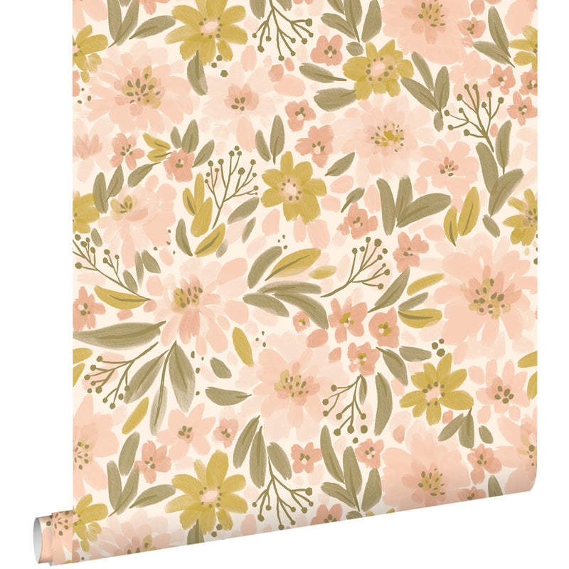 Tapeta kwiaty delikatnego różu,ochry żółtejIszaro zielonym - 50 x 900 cm - ESTAHOME