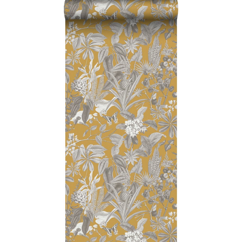 Tapeta tropikalne liście i kwiaty ochry żółtejIszarym - 53 cm x 10 m - SANDERS & SANDERS