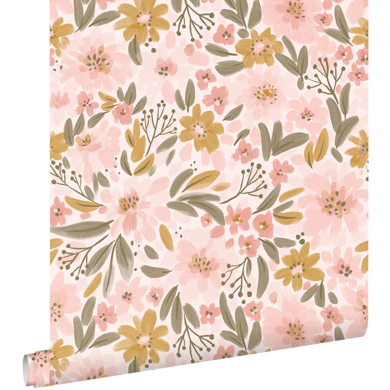 Tapeta kwiaty jasnego różu,ochry żółtejIszaro zielonym - 50 x 900 cm - ESTAHOME