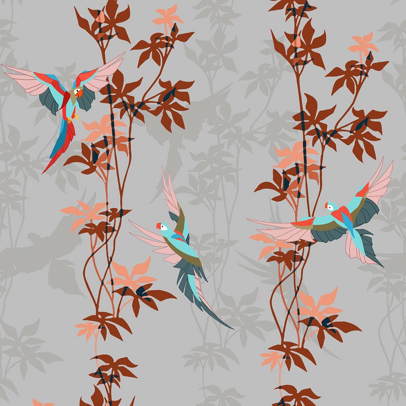 Tapeta rośliny tropikalne szarymIterakota - 53 cm x 10 m - WALLS4YOU