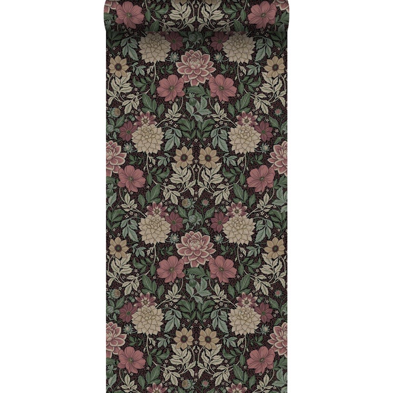 Tapeta vintage kwiaty w stylu secesyjnym ciemnej zieleniIróżowym - 53 cm x 10.05 m - BORASTAPETER
