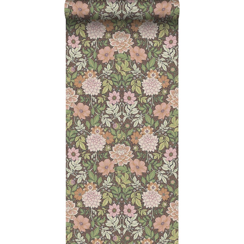 Tapeta vintage kwiaty w stylu secesyjnym zielonymIjasnego różu - 53 cm x 10.05 m - BORASTAPETER