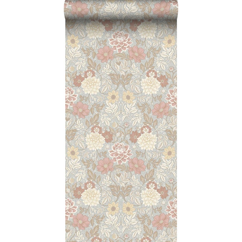 Tapeta vintage kwiaty w stylu secesyjnym szaro-niebieskim - 53 cm x 10.05 m - BORASTAPETER