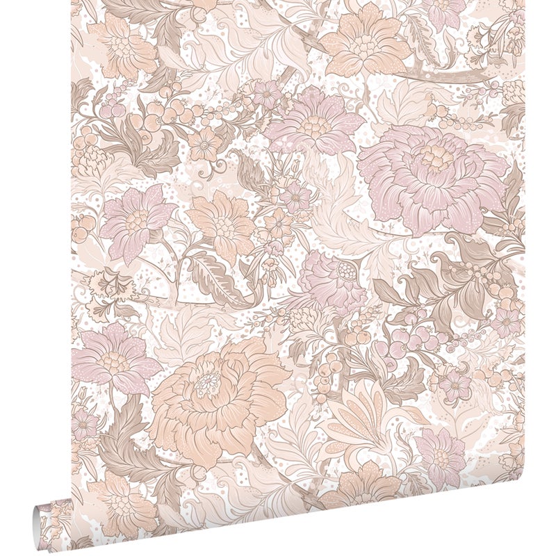 Tapeta zabytkowe kwiaty jasnego fioletuIjasnej terakoty - 50 x 900 cm - ESTAHOME