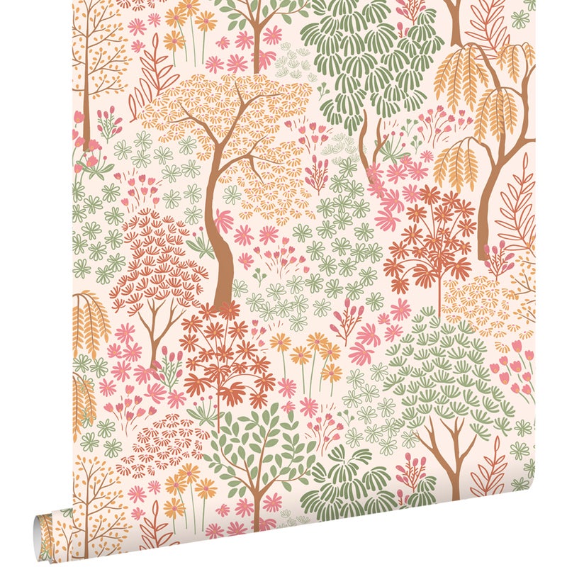 Tapeta drzewa i kwiaty terakota,różowymIzielonym - 50 x 900 cm - ESTAHOME