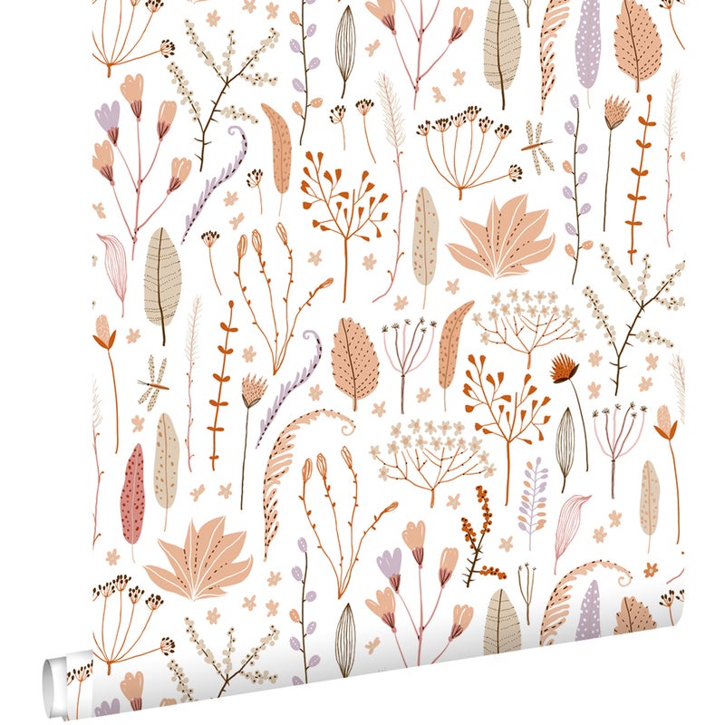 Tapeta kwiaty polne terakota,fioletowym,beżowymIbiałym - 50 x 900 cm - ESTAHOME