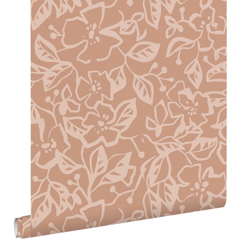 Tapeta liście i kwiaty terakoty różowej - 50 x 900 cm - ESTAHOME