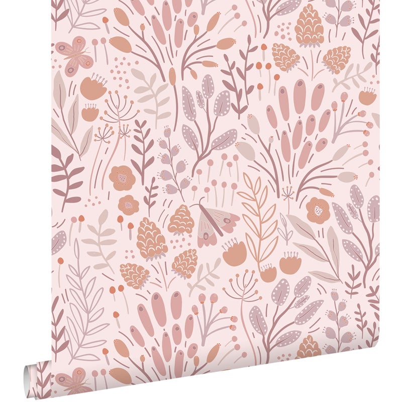 Tapeta liście i kwiaty liliowo fioletowymIterakota - 50 x 900 cm - ESTAHOME