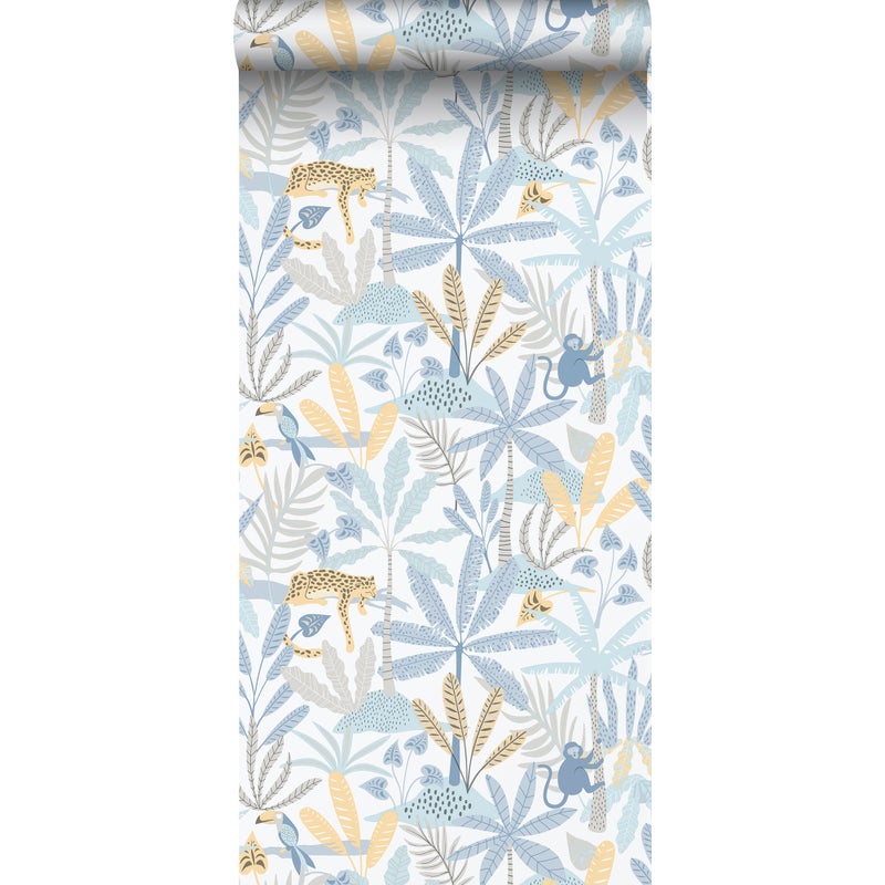 Tapeta zwierzęta dżungli niebieskim,szarymIżółtym - 53 cm x 10.05 m - SANDERS & SANDERS