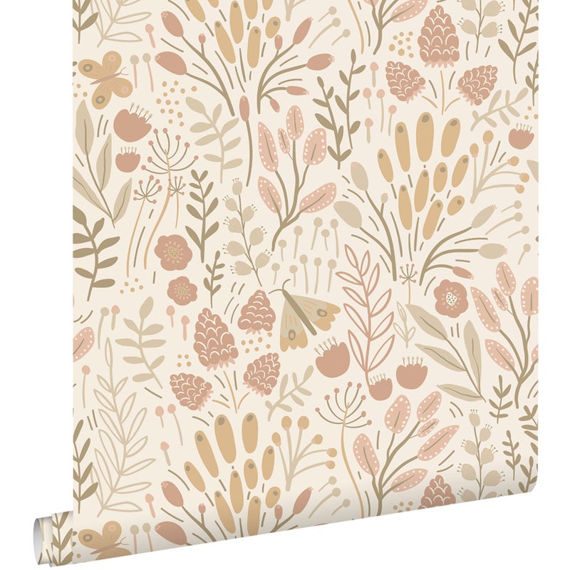 Tapeta liście i kwiaty beżowymIterakota - 50 x 900 cm - ESTAHOME