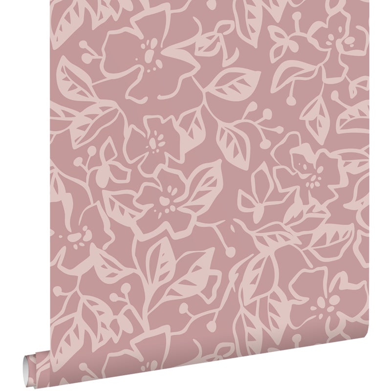 Tapeta liście i kwiaty starego różu - 50 x 900 cm - ESTAHOME