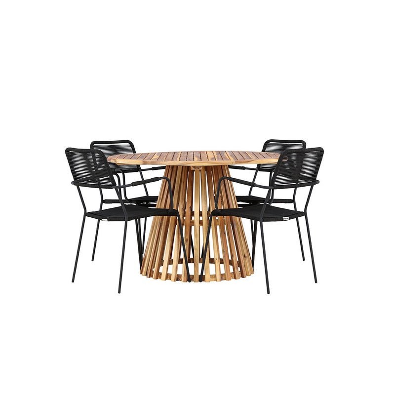 Lumpur zestaw ogrodowy stół Ø120cm naturalny, 4 krzesła czarne.