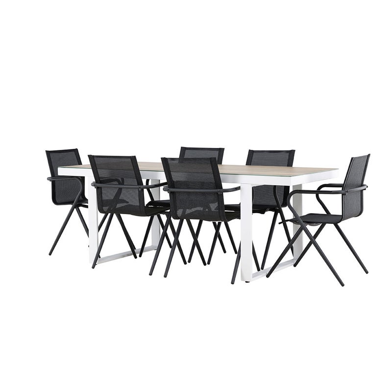 Merlo zestaw ogrodowy stół 90x200cm biały, 6 krzeseł czarnych.