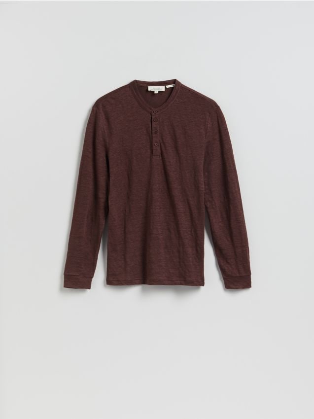 Reserved - Lniany longsleeve henley - mahoniowy
