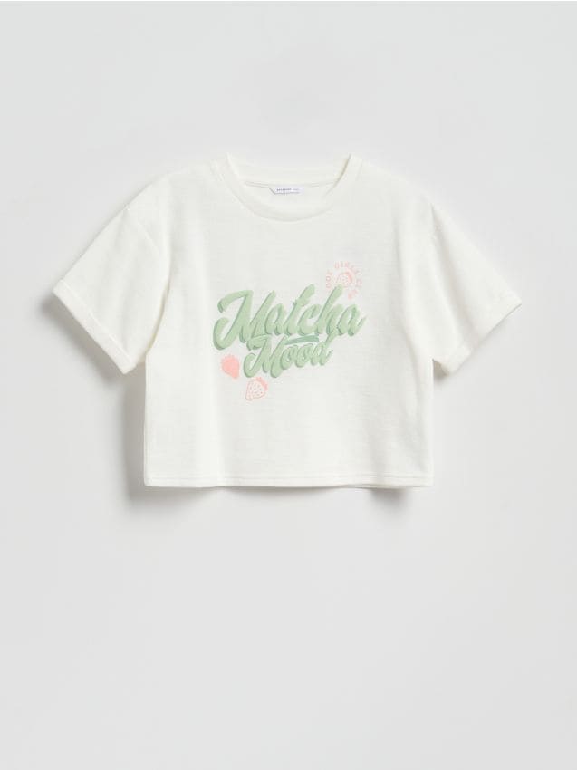 Reserved - Krótki t-shirt z nadrukiem - złamana biel
