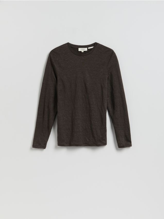 Reserved - Lniany longsleeve - ciemnobrązowy