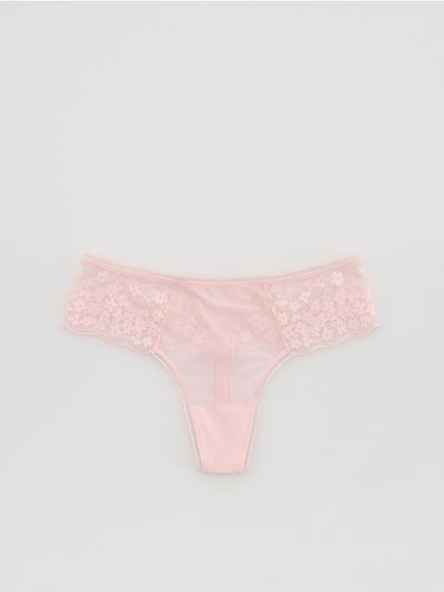 Reserved - Majtki typu stringi z koronką - pastelowy róż