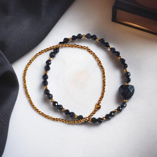 Komplet granatowo-złoty : bransoletki z serduszkami : na prezent