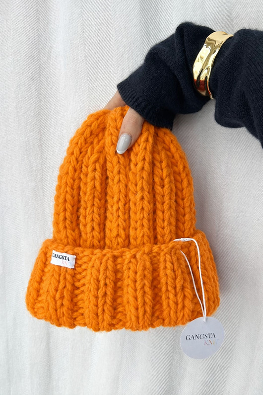 Gruba wełniana czapka beanie pomarańczowa 100% wełna handmade