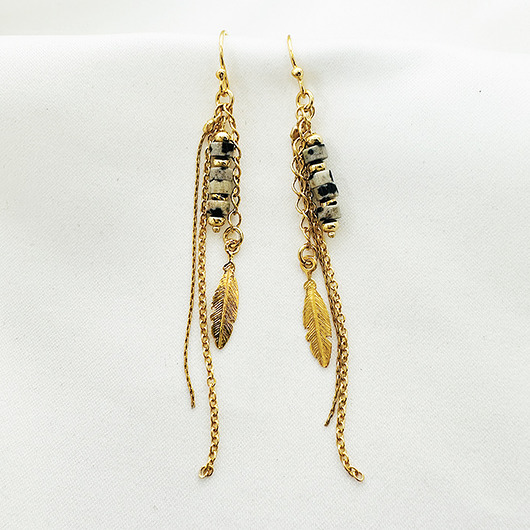 Kolczyki z kamieni, czarno biały jaspis,złote piórko