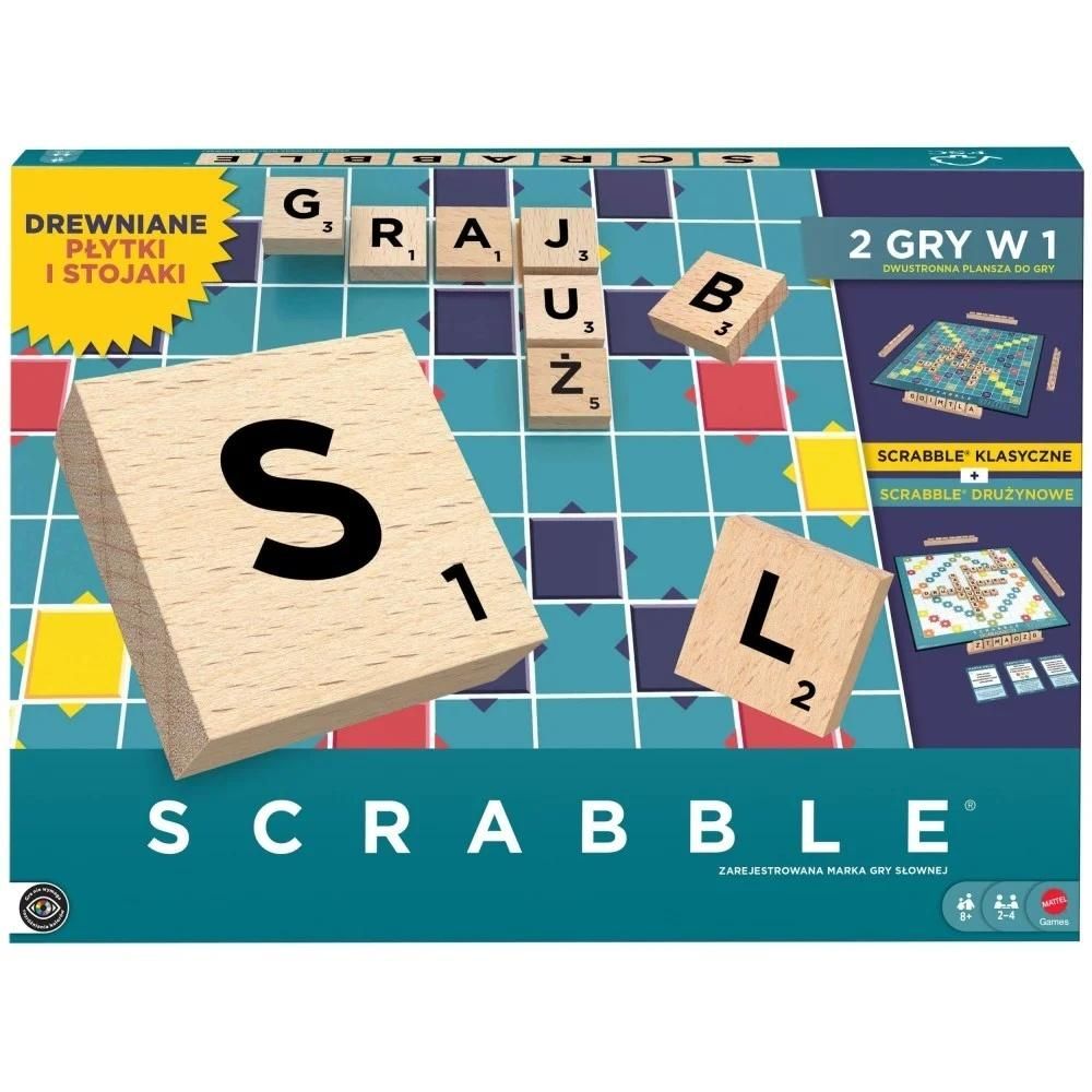 Scrabble Drewniane płytki i stojaki Rodzinna gra Mattel - gra