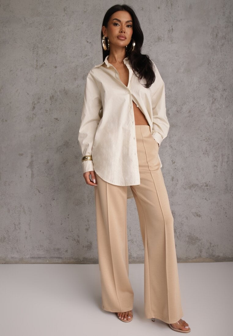 Beżowe Bawełniano-Wiskozowe Spodnie o Eleganckim Kroju w Kant Tinawre