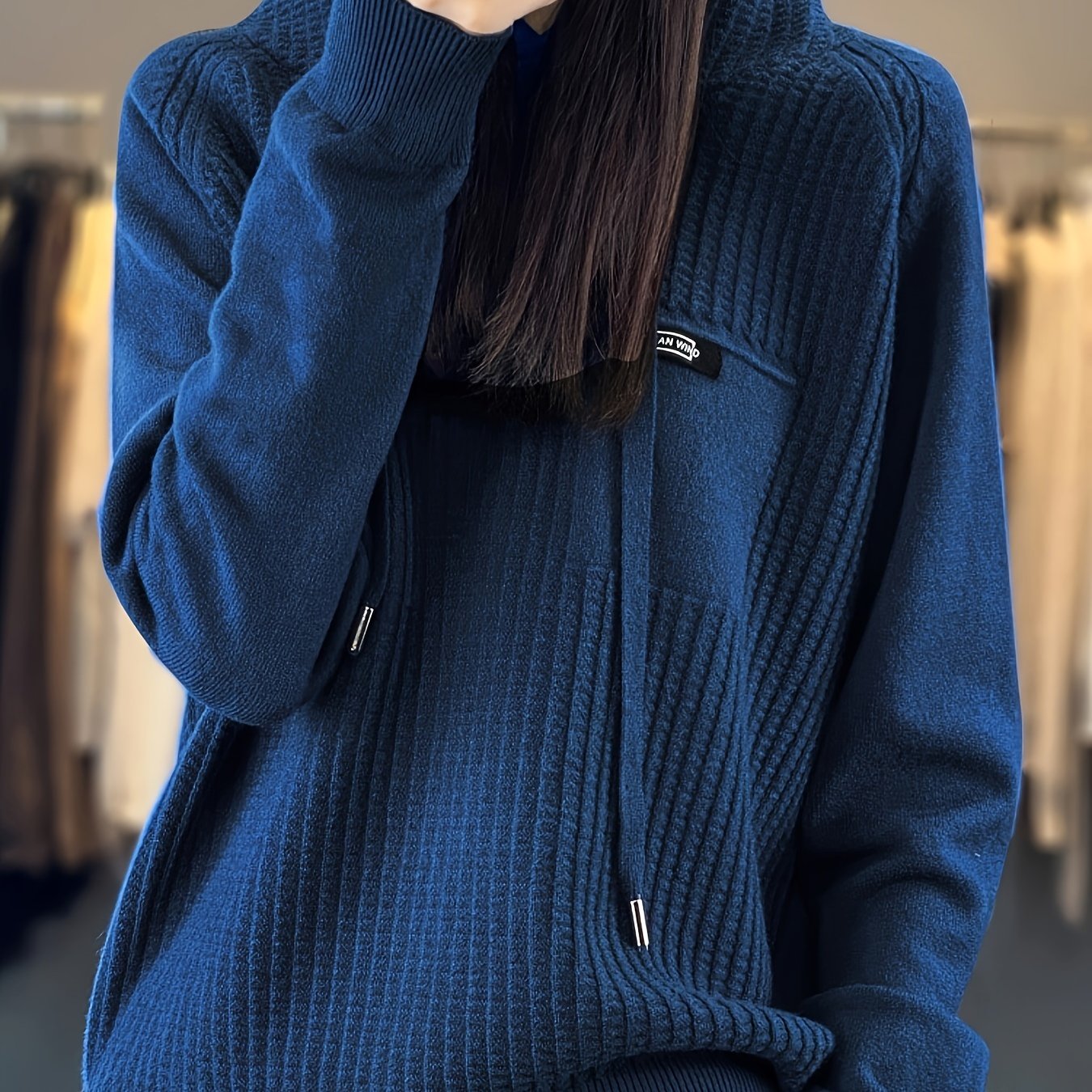 TEMU Damski Średniej Grubości Sweter z Kapturem na Guziki, Jednokolorowy z Długimi Rękawami, Modny Styl Casual