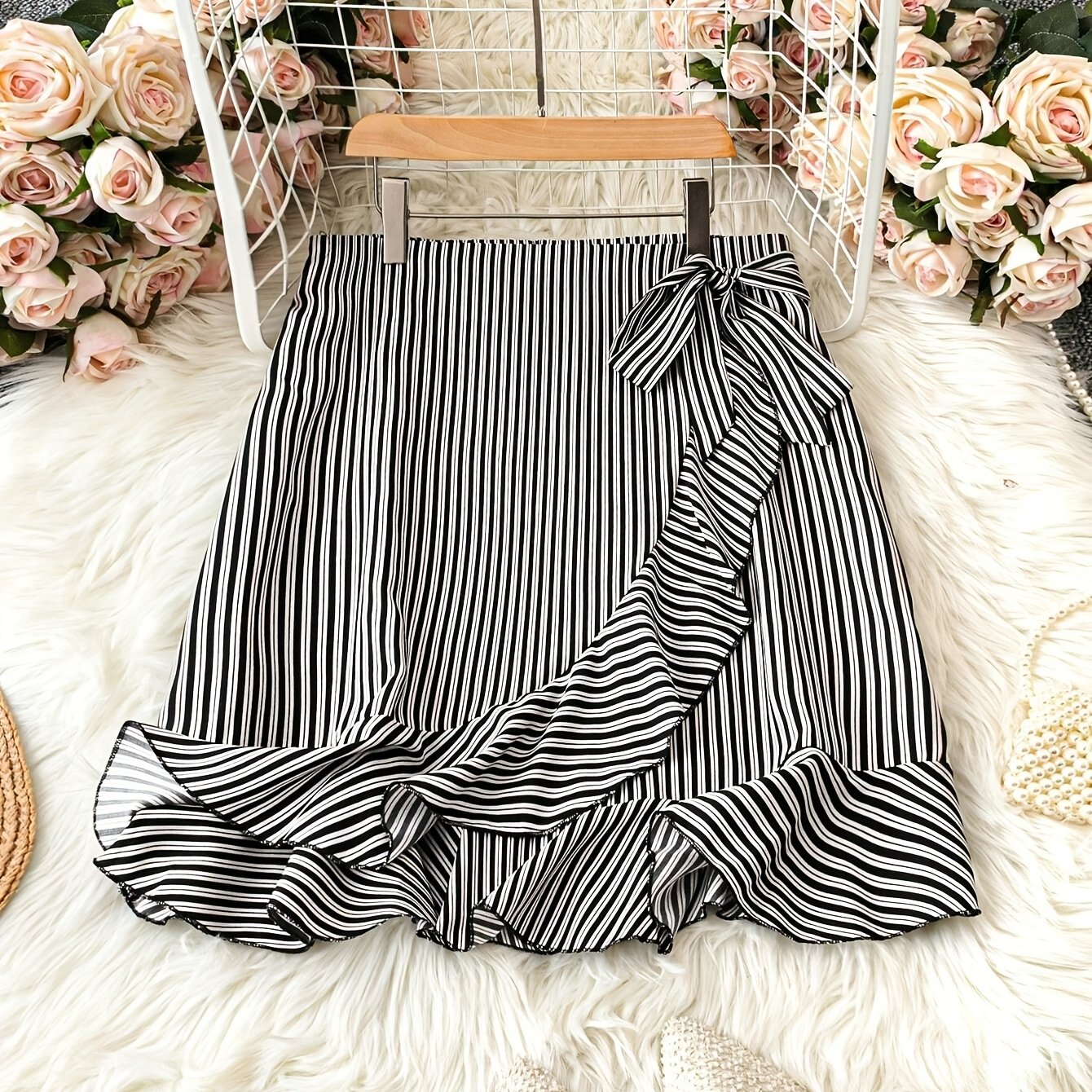 TEMU Spódniczka w paski w stylu casual na wiosnę i , z kokardą i falbanką