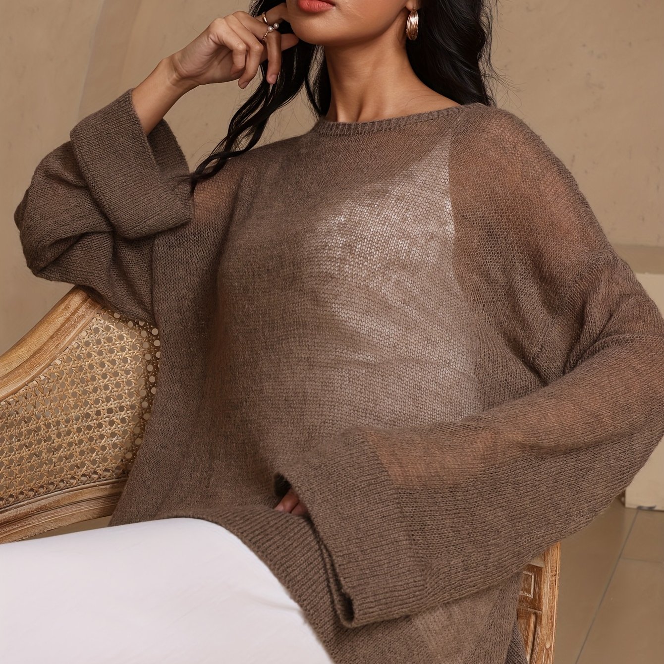 TEMU Sweter damski, casualowy, luźny, okrągły dekolt, gładki , miejski, długi rękaw, modny styl na co dzień, elegancka odzież damska - Niannian