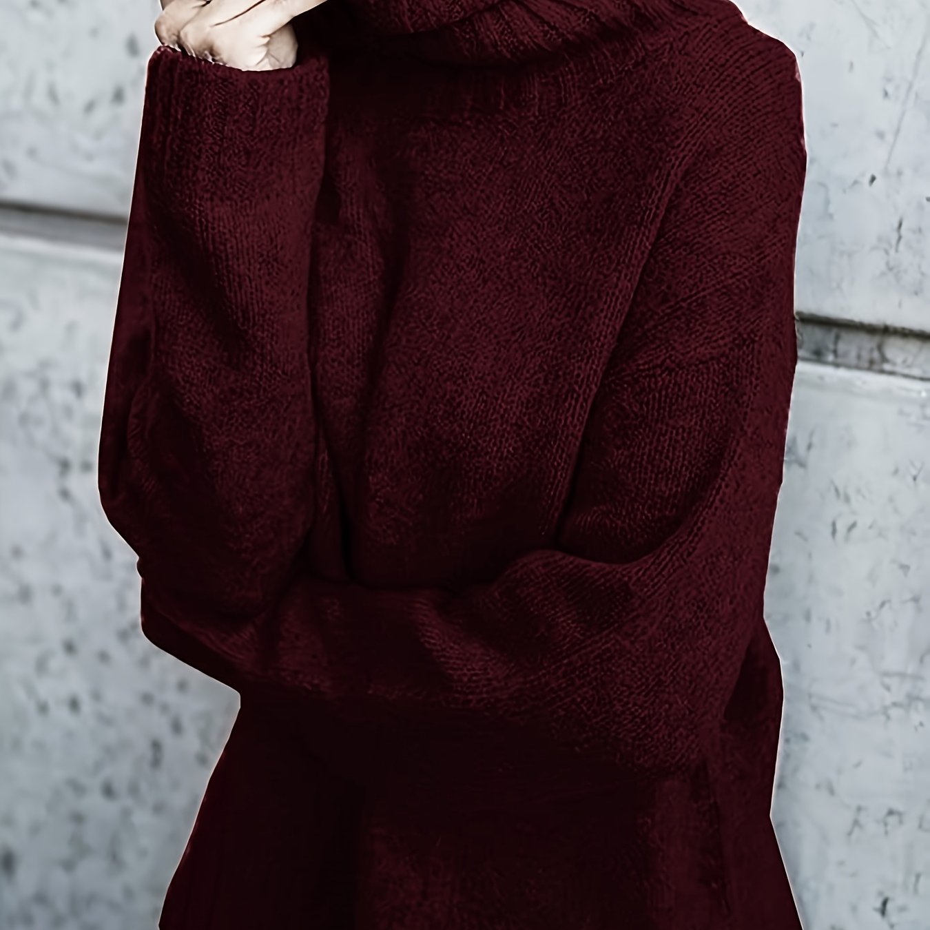 TEMU Damski sweter z wysokim dekoltem, luźny, w jednolitym kolorze, z długim rękawem, z krótkim przodem i długim tyłem z rozcięciem Detal z