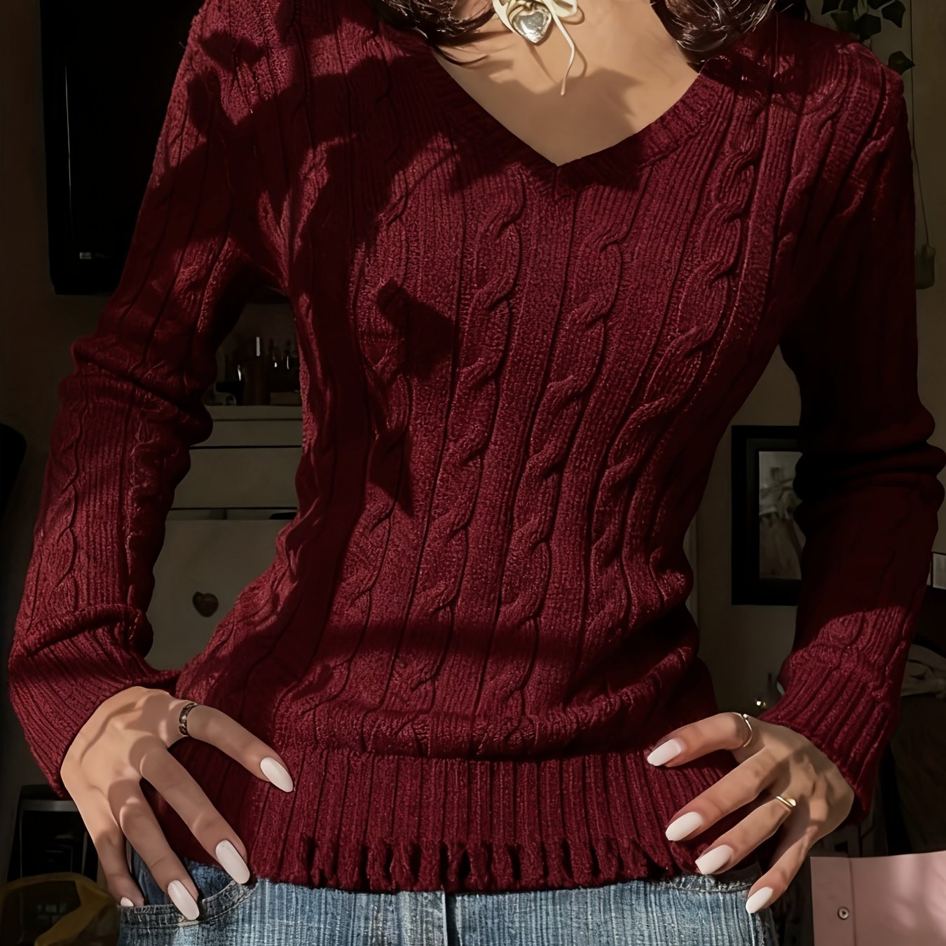 TEMU Damska bluzka z dekoltem w serek i dopasowanym krojem, z przepaska, wykonana z włóczki przędzonej w pierścieniu