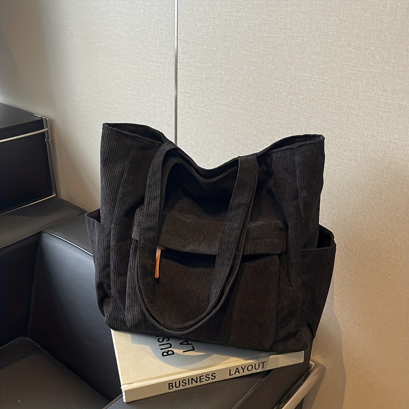 TEMU Damska modna torba typu tote z sztruksu z wieloma kieszeniami Duża pojemność, boczna kieszeń, stałe ramiączka, zapięcie na zamek błyskawiczny,