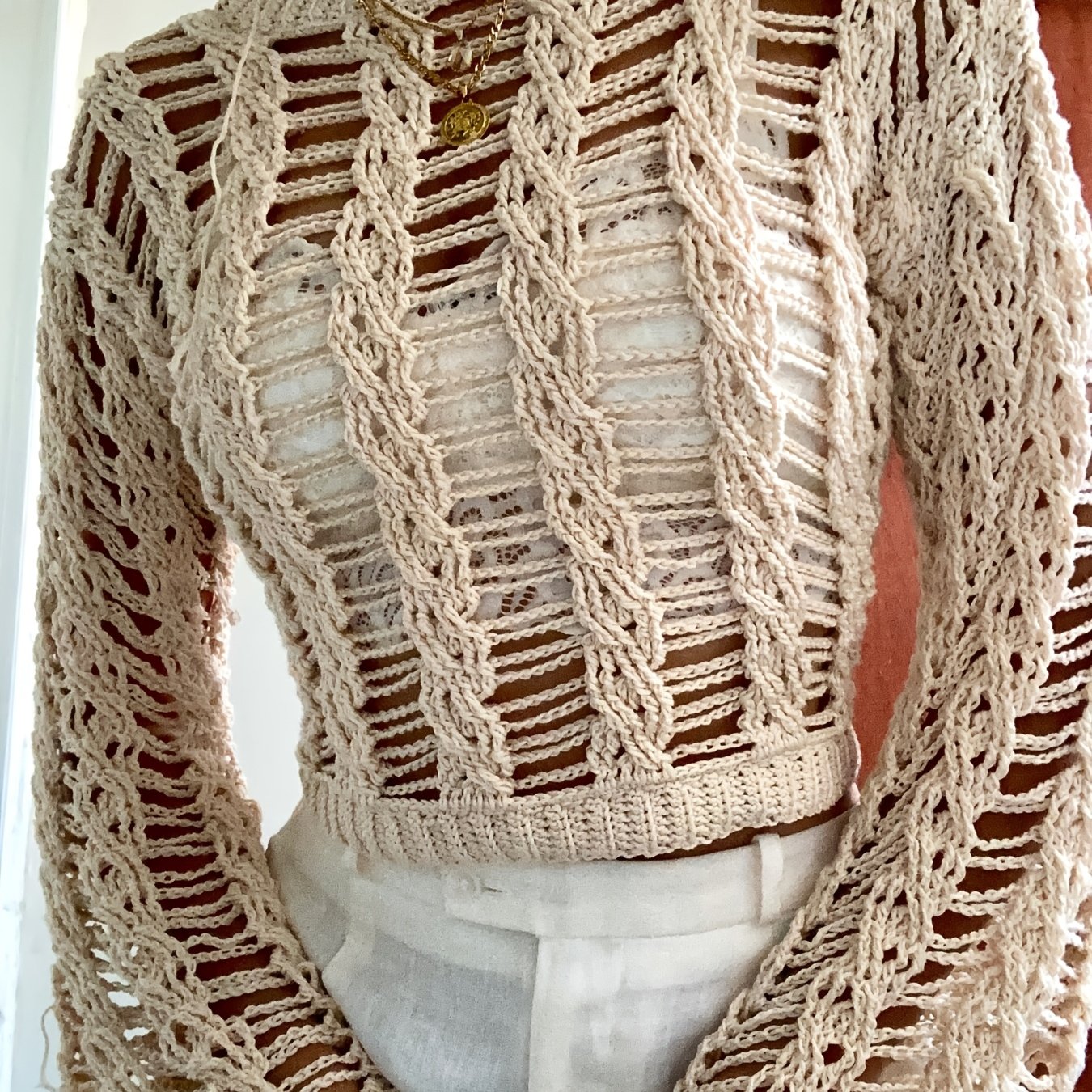 TEMU Elegancki, ażurowy bluzka damska z długim rękawem w jednolitym kolorze Okrągły dekolt, sezon wiosna/jesień, marka: Nian Nian