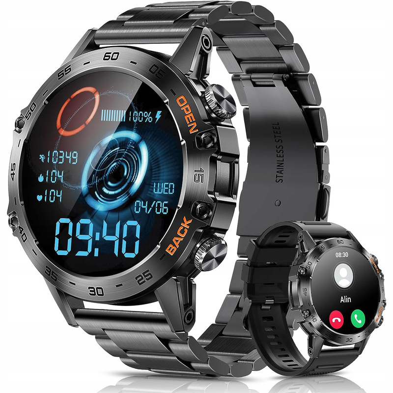 TEMU SMARTWATCH MĘSKI CZARNY ZEGAREK SPORTOWY ROZMOWY BLUETOOTH POWIADOMIENIA SILIKONOWY PASEK BRANSOLETA STALOWA MONITOR AKTYWNOŚCI FIZYCZNEJ
