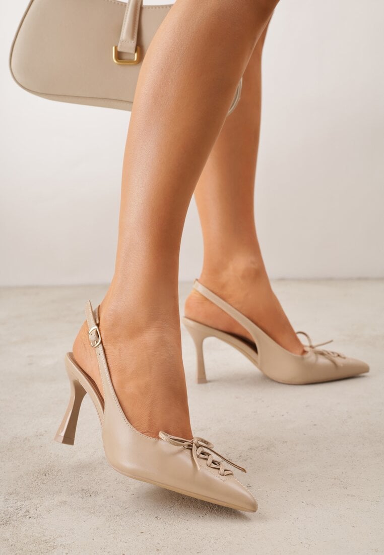 Ciemnobeżowe Szpilki Slingback VICES Zdobione Gorsetowym Wiązaniem z Kokardą Azimuna