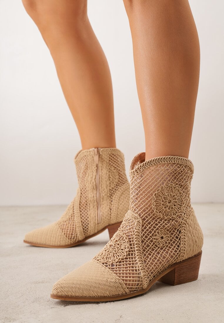 Ciemnobeżowe Botki Kowbojki VICES na Niskim Stożku z Ażurową Cholewką Azinessa