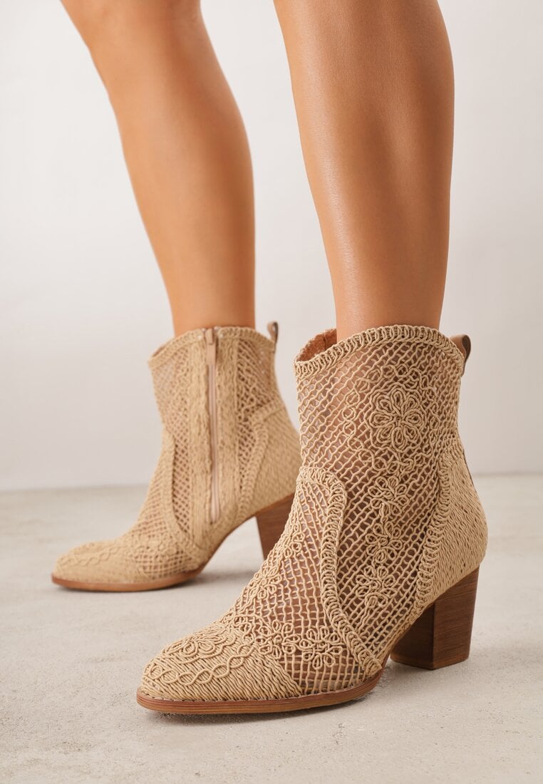 Ciemnobeżowe Ażurowe Botki Kowbojki VICES na Stożkowym Obcasie Natesela