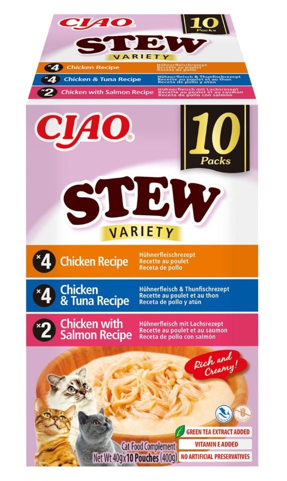 INABA Cat Ciao Stew Creamy Variety 10x40g mix przysmaków z kurczakiem, tuńczykiem i łososiem w kremowym sosie