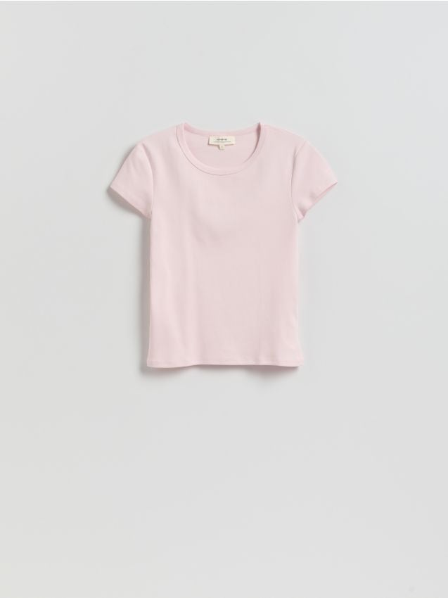 Reserved - T-shirt z bawełny merceryzowanej - pastelowy róż