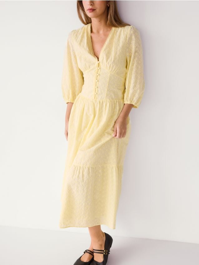 Reserved - Sukienka z haftem - jasnożółty