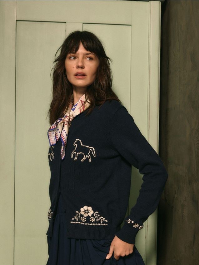 Reserved - Bawełniany kardigan z haftem - granatowy